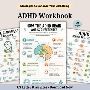 May include: A 29-page ADHD workbook featuring educational infographics on time blindness, brain function, and lifespan development. The pages include diagrams of a brain, clocks, and icons with text in US Letter and A4 sizes for digital download.