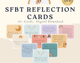 May include: A set of 60 digital download cards for reflection. The cards feature colorful illustrations and prompts for self-reflection. The cards are titled "SFBT Reflection Cards".