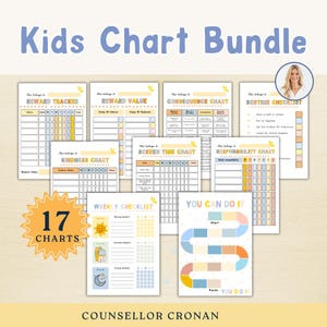 May include: A collection of 17 printable children's charts, including reward trackers and checklists. The charts feature a soft colour palette with blue, yellow, and orange accents. The text "Kids Chart Bundle" is at the top. Includes a screen time chart.