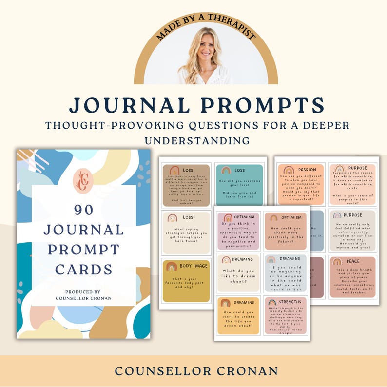 May include: A set of 90 journal prompt cards with colourful abstract designs. The cards feature thought-provoking questions for a deeper understanding of self. The cards are titled "Journal Prompt Cards" and are produced by Counsellor Cronan.