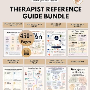 May include: A therapist reference guide bundle featuring over 450 pages of digital templates. The collection includes clinical guides, DBT cheat sheets, safety plans, therapist scripts, and genogram worksheets in US Letter and A4 sizes.