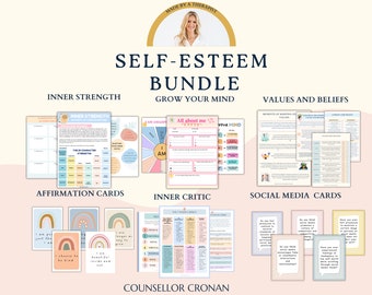 Self esteem positive mindset mega bundle, therapy worksheets, confidence, therapy office decor, inner critic, therapy resources, therapy cbt