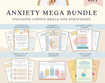May include: A digital product bundle for managing anxiety. The bundle includes a workbook, journal, and skill cards. The text on the image reads "Anxiety Mega Bundle: Engaging Coping Skills and Strategies".
