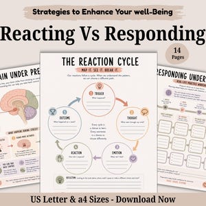Könnte beinhalten: Ein 14-seitiges digitales Arbeitsblatt-Set mit dem Titel Strategies to Enhance Your Well-Being: Reacting Vs Responding. Die Seiten enthalten Diagramme und Texte wie The Reaction Cycle, The Brain Under Pressure und Responding Under Pressure.
