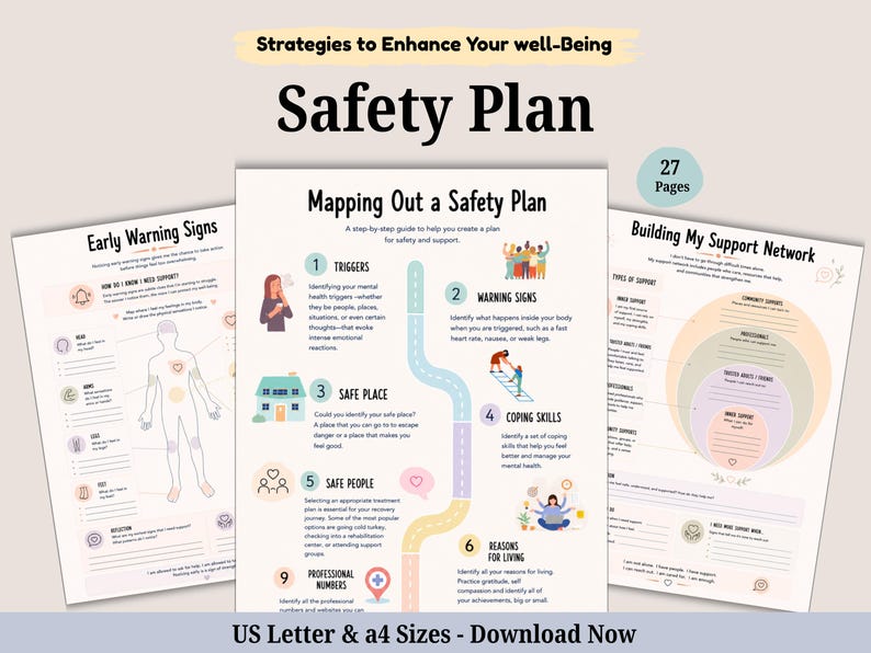 May include: A 27-page digital safety plan document featuring sections titled Strategies to Enhance Your Well-Being, Early Warning Signs, Mapping Out a Safety Plan, and Building My Support Network. The pages include diagrams, text, and illustrations.