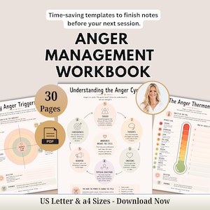 Peut inclure: Un cahier d'exercices de gestion de la colère en format PDF de 30 pages avec des modèles de notes, incluant des feuilles intitulées My Anger Triggers, Understanding the Anger Cycle et The Anger Thermometer, avec schémas, texte et photo.
