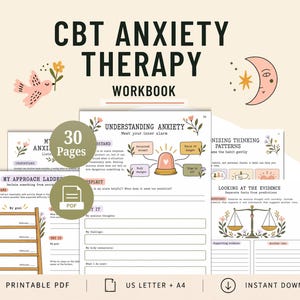 Könnte beinhalten: Ein CBT-Angsttherapie-Arbeitsbuch mit 30 Seiten im druckbaren PDF-Format. Die Seiten enthalten Illustrationen eines Vogels, eines Mondes und einer Leiter sowie Textüberschriften wie Understanding Anxiety.