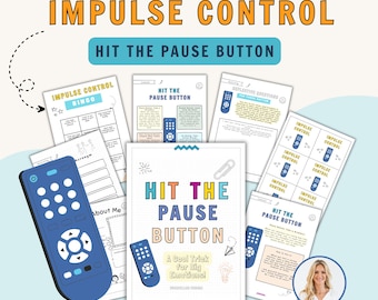 May include: A set of educational resources, including a book and worksheets, focused on impulse control. The title "Hit the Pause Button" is prominent, alongside a blue remote control graphic. The design incorporates blue, orange, and white elements.