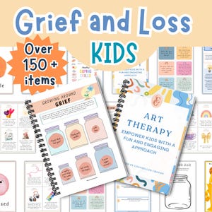 May include: A collection of printable resources for helping children cope with grief and loss. The resources include art therapy activities, coping skills worksheets, and journaling prompts. The title of the resource is "Growing Around Grief" and "Art Therapy".
