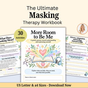 Può includere: Il quaderno di esercizi The Ultimate Masking Therapy Workbook presenta tre pagine con testo e illustrazioni. La pagina centrale mostra un libro aperto con un cuore arcobaleno, una maschera teatrale e cuffie. Il testo include 'More Room to Be Me'.
