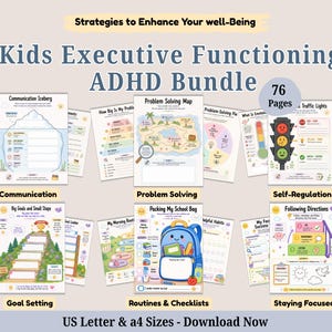 Può includere: Un pacchetto di 76 pagine sulle funzioni esecutive e l'ADHD per bambini, con schede stampabili per comunicazione, risoluzione dei problemi, autoregolazione, definizione degli obiettivi, routine e concentrazione in formato A4 e US Letter.