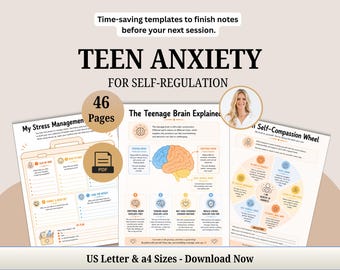 Puede incluir: Un conjunto digital de 46 páginas titulado Teen Anxiety for Self-Regulation, que incluye hojas de trabajo sobre gestión del estrés, el cerebro adolescente y una rueda de autocompasión. Formatos US Letter y A4 incluidos.