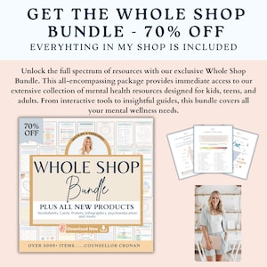 May include: A digital product bundle for mental health resources. The cover features a therapist holding a book with the text "Whole Shop Bundle" and "Plus All New Products". The text "70% Off" is displayed in the top left corner.