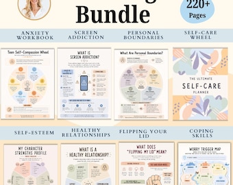 May include: A digital Teen Mega Bundle containing 220+ pages of mental health resources. Includes worksheets on anxiety, screen addiction, personal boundaries, self-care, self-esteem, healthy relationships, emotional regulation, and coping skills.
