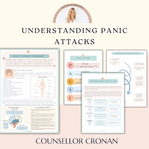 Paniekaanvallen infographic en werkbladen. Therapiewerkbladen, triggers identificeren, hulpmiddel voor geestelijke gezondheid, hulpmiddelen voor schoolbegeleiders.