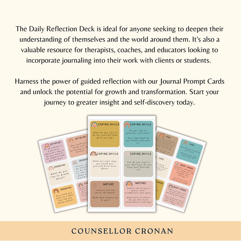 May include: A set of colourful cards with prompts for self-reflection. The cards are divided into categories such as "Coping Skills", "Optimism", "Dreaming", "Nature", "Loss", and "Body Image". Each card has a different colour and design, and features a question or statement related to the category. The cards are designed to help people explore their thoughts, feelings, and experiences.