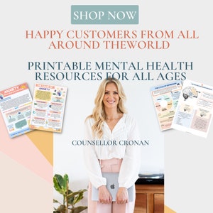 May include: A woman smiles while holding a laptop computer. She is standing in front of a peach and pink background. The image also features four printable mental health resources for all ages. The resources include information on anxiety, the causes of anxiety, the cycle of depression, and the structure and function of the brain.