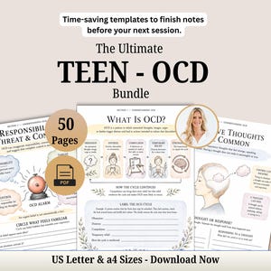 Puede incluir: Un paquete digital de 50 páginas titulado The Ultimate TEEN - OCD Bundle, que contiene hojas de trabajo educativas con texto, ilustraciones del ciclo del TOC y el retrato de una mujer. Incluye tamaños US Letter y A4 para descargar en PDF.