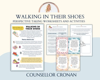 Walking in their shoes perspective taking, and empathy-provoking worksheets. Kids group therapy sessions, psychologist handouts, infographic