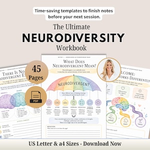 May include: A 45-page digital PDF workbook titled The Ultimate Neurodiversity Workbook. The pages feature educational text, a rainbow umbrella illustration, brain diagrams, and a circular photo of a person. It includes US Letter and A4 sizes.