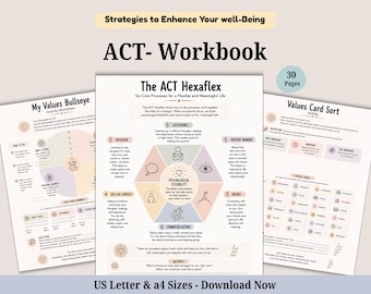 May include: A 30-page ACT workbook featuring three printable worksheets titled Strategies to Enhance Your well-Being, The ACT Hexaflex, My Values Bullseye, and Values Card Sort. The documents include text, diagrams, and icons in soft pastel colors.