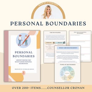 May include: A pink and yellow digital download for personal boundaries. The cover features a cartoon illustration of two people drawing a line in the sand. The text reads "Personal Boundaries: Understanding and Maintaining Personal Boundaries".