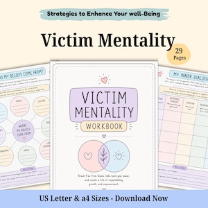 Op de afbeelding: Een digitaal werkboek van 29 pagina's getiteld Victim Mentality met pastelkleurige werkbladen met prompts voor zelfreflectie, het in kaart brengen van overtuigingen en het analyseren van de innerlijke dialoog voor persoonlijke groei.