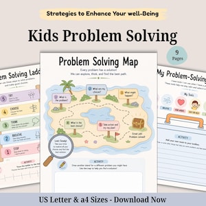 Può includere: Un set di nove schede didattiche intitolate Kids Problem Solving, che includono una scala per la risoluzione dei problemi, una mappa con l'illustrazione di un'isola e una pagina con una cassetta degli attrezzi e icone per respirare e chiedere aiuto.