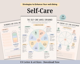 May include: A 28-page self-care workbook set featuring a self-care wheel, social energy tracker, and assessment forms. The pages include pastel-coloured diagrams, icons, and text headers like Strategies to Enhance Your well-Being and Self-Care.