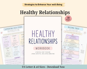 May include: A 30-page Healthy Relationships workbook featuring a white cover with dark blue text, flanked by two internal pages titled Supporting Each Other and Building Trust. The pages contain pastel-colored charts, lists, and reflection prompts.