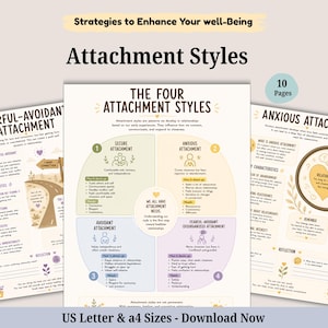 May include: A 10-page digital document set titled Strategies to Enhance Your well-Being and Attachment Styles. The pages feature educational text, diagrams, and illustrations explaining the four attachment styles: secure, anxious, avoidant, and fearful-avoidant, available in US Letter and a4 sizes.