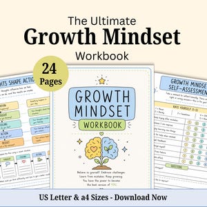 May include: A 24-page Growth Mindset Workbook featuring a central cover with a brain illustration, flanked by two internal activity sheets titled Thoughts Shape Actions and Growth Mindset Self-Assessment, all in a pastel color palette.