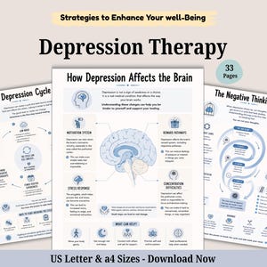 Può includere: Un set di tre documenti educativi intitolati Depression Therapy, How Depression Affects the Brain e The Negative Thinking Trap. Le pagine presentano diagrammi blu e bianchi, illustrazioni del cervello e testi su concetti di salute mentale.