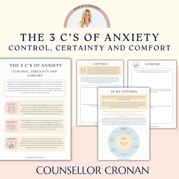 The 3 C's of anxiety - Certainty, comfort and control worksheets for mental wellbeing and mental health. Therapy worksheets. CBT Journal.