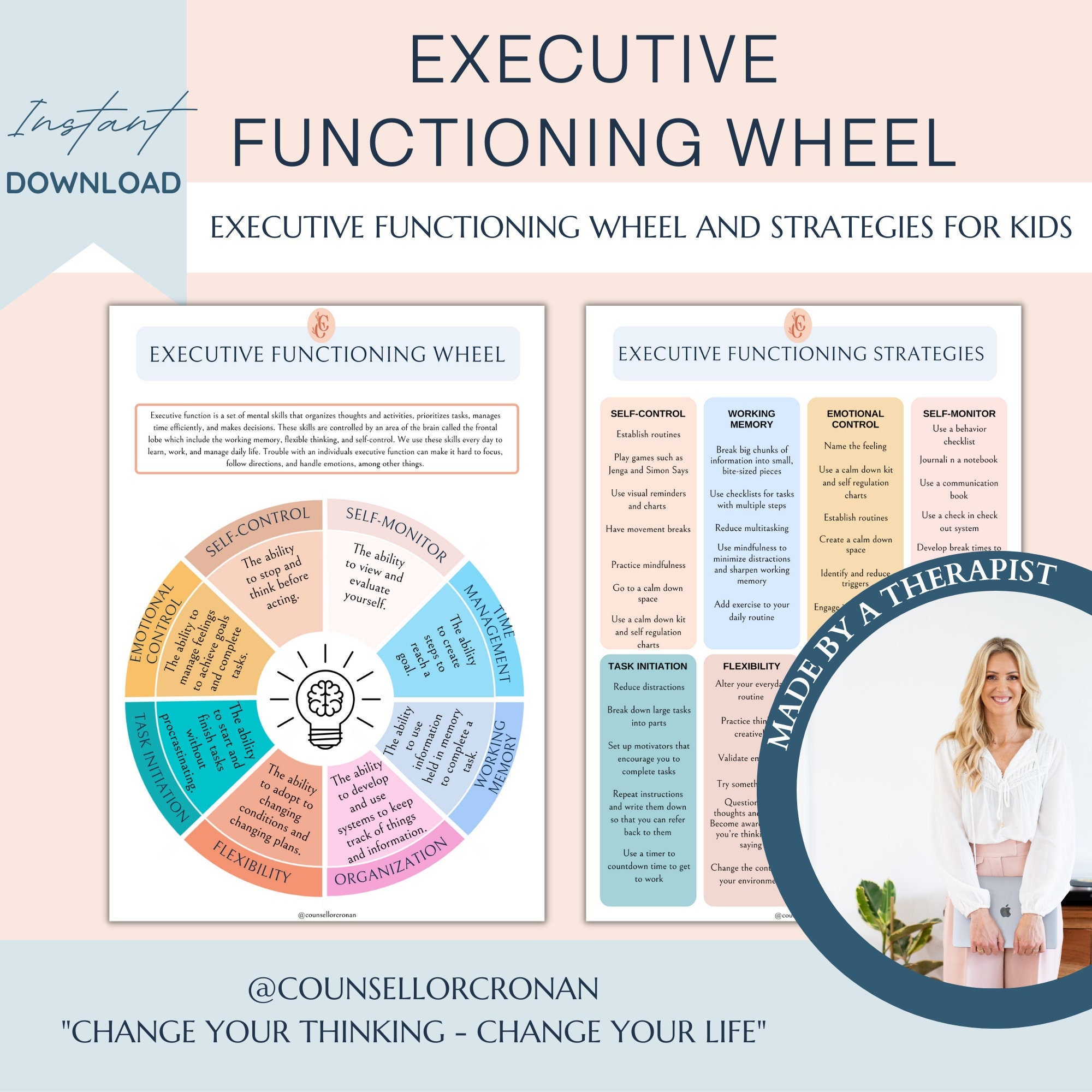 Executive functioning wheel and strategies, ADHD, Autism, coping skills, mental health, therapeutic aids, psychologist handouts, therapy CBT