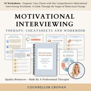 Könnte beinhalten: Ein blaues und weißes Motivations-Interview-Workbook mit dem Titel "Motivational Interviewing" und dem Untertitel "A Guide to Its Principles, Processes, and Practice". Das Workbook ist umgeben von kleineren Arbeitsblättern mit Titeln wie "The 6 Stages of Behavioral Change" und "Understanding the Cycle of Change".