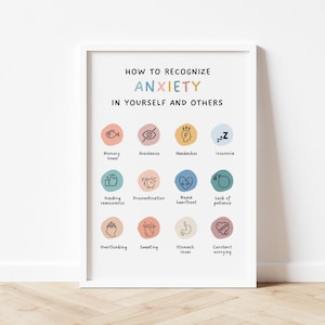 May include: A white poster with the title "How to Recognize Anxiety in Yourself and Others". The poster features 12 colorful circles with black line drawings of common anxiety symptoms, such as memory issues, avoidance, headaches, insomnia, needing reassurance, procrastination, rapid heartbeat, lack of patience, overthinking, sweating, stomach issues, and constant worrying.