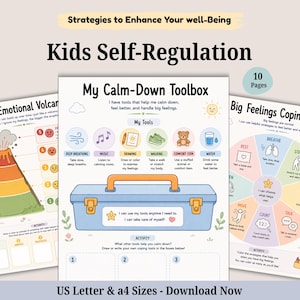 May include: A set of 10 printable pages for kids self-regulation featuring My Emotional Volcano, My Calm-Down Toolbox, and Big Feelings Coping Wheel. The sheets include colorful illustrations of a volcano, a blue toolbox, and a segmented wheel.