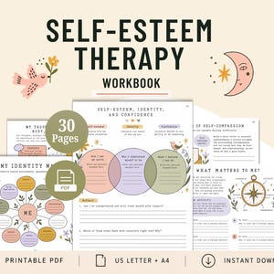 May include: A 30-page self-esteem therapy workbook in PDF format. The pages feature worksheets with headings like Self-Esteem, Identity, and Confidence, My Identity Map, and What Matters to Me, decorated with illustrations of birds, moons, and flowers.