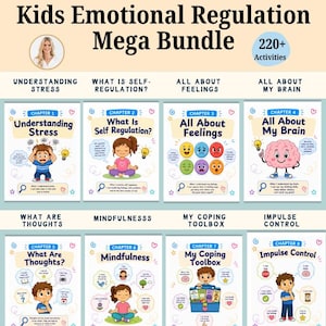 May include: A digital educational bundle titled Kids Emotional Regulation Mega Bundle with 220+ activities. It features eight chapters covering stress, self-regulation, feelings, brain function, thoughts, mindfulness, coping tools, and impulse control.
