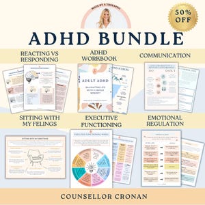 May include: A digital download bundle of ADHD workbooks and guides. The bundle includes workbooks on reacting vs responding, adult ADHD, executive functioning, emotional regulation, and communication. The workbooks are designed to help people with ADHD navigate life with a unique mindset. The bundle is made by a therapist and is available for 50% off.