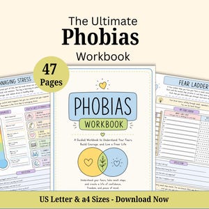 May include: A 47-page workbook titled The Ultimate Phobias Workbook, featuring a central cover page with a Venn diagram and two interior pages titled Managing Stress and Fear Ladder, designed for US Letter and A4 paper sizes for printing.