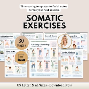Puede incluir: Una colección digital de 30 páginas de ejercicios somáticos en formato PDF, con guías ilustradas para el enraizamiento corporal, la liberación de tensión y el movimiento. Documentos disponibles en tamaños US Letter y A4 para descarga inmediata.