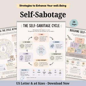 Puede incluir: Un libro de ejercicios digital de 24 páginas titulado Strategies to Enhance Your Well-Being: Self-Sabotage. Las páginas incluyen diagramas en tonos pastel, un laberinto y secciones de texto, disponible en tamaños US Letter y A4.