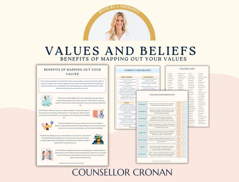 May include: A printable worksheet titled "Values and Beliefs" with the subheading "Benefits of Mapping Out Your Values". The worksheet includes sections on common core beliefs, values exploration, and a values list. The worksheet is designed to help people identify and understand their values.