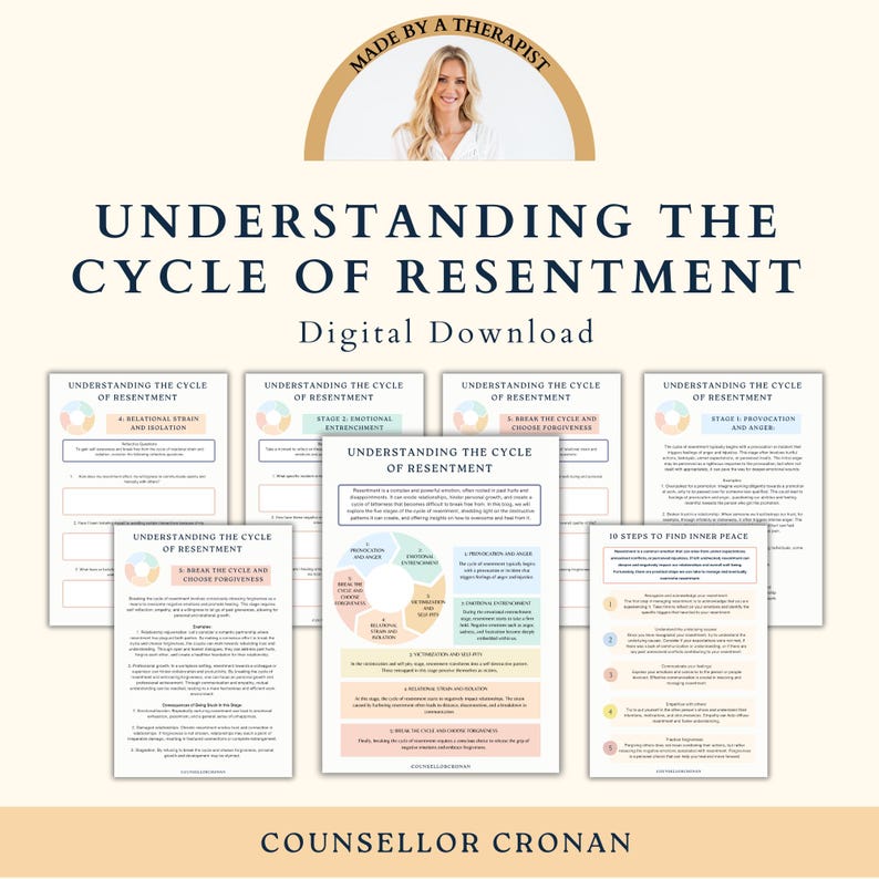 May include: A digital download guide to understanding the cycle of resentment. The guide includes a diagram of the cycle, steps to find inner peace, and stages of emotional entrenchment. The guide is made by a therapist.