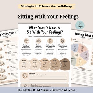 May include: A seven-page digital worksheet set titled Strategies to Enhance Your Well-Being and Sitting With Your Feelings. The pages feature neutral beige tones, black text, and line-art icons, including a circular emotion wheel and guided exercises.