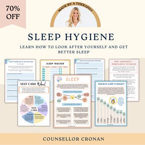Sleep hygiene worksheets, sleep journal, sleep habits, sleep cycle, therapy office decor, self care, acceptance and commitment therapy, CBT