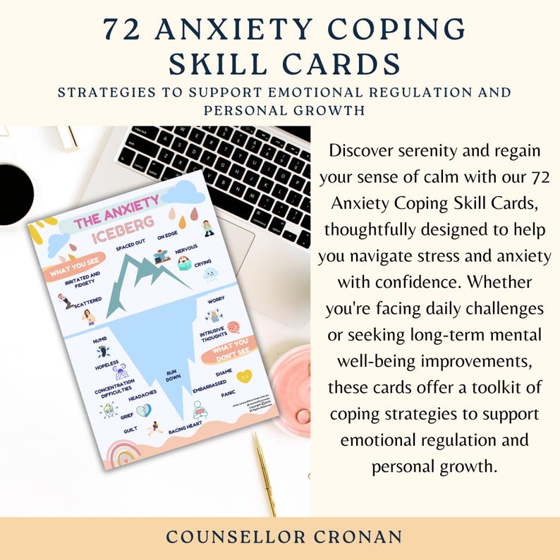 K&ouml;nnte beinhalten: Ein Set mit 72 Karten zur Bew&auml;ltigung von Angstzust&auml;nden, die entwickelt wurden, um bei der Bew&auml;ltigung von Stress und Angst zu helfen. Die Karten zeigen eine Illustration eines Eisbergs mit den Worten "The Anxiety Iceberg" und einer Liste von Symptomen und Gef&uuml;hlen, die mit Angst verbunden sind. Der Text "Entdecken Sie Gelassenheit und gewinnen Sie Ihr Gef&uuml;hl der Ruhe mit unseren 72 Karten zur Bew&auml;ltigung von Angstzust&auml;nden, die sorgf&auml;ltig entwickelt wurden, um Ihnen zu helfen, Stress und Angst mit Selbstvertrauen zu bew&auml;ltigen. Egal, ob Sie sich t&auml;glichen Herausforderungen stellen oder langfristige Verbesserungen Ihres mentalen Wohlbefindens anstreben, diese Karten bieten eine Sammlung von Bew&auml;ltigungsstrategien, um die emotionale Regulierung und das pers&ouml;nliche Wachstum zu unterst&uuml;tzen." ist ebenfalls enthalten.