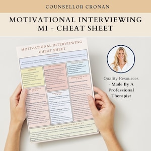 May include: A motivational interviewing cheat sheet with a definition, benefits, key processes, core principles, strategies, change talk, responding with EARS, and the potential for change with DARN CAT. The cheat sheet is printed on a white background with colorful text and graphics. The image also includes a headshot of a woman with blonde hair.